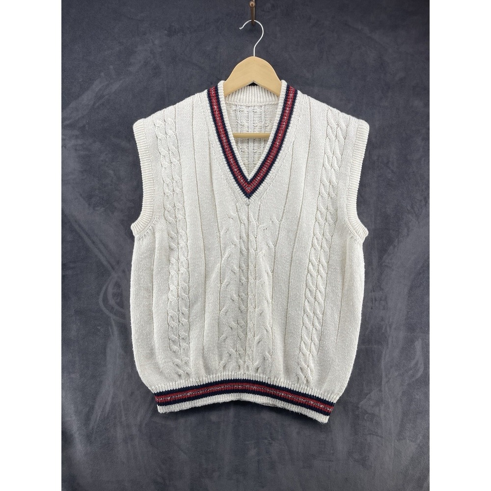 Vintage Cable Knit Sweater Vest Men's XL White Preppy Tennis Cricket Knit